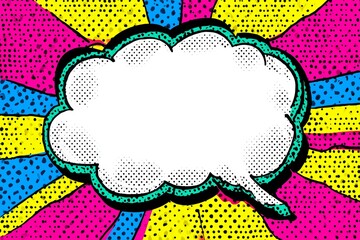 Pop art comic speech bubble with colorful halftone explosion background