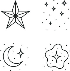 Celestial night icons set – outline, starry, cosmic, and lunar design symbols