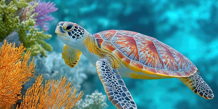 photo of playful baby sea turtle swimming underwater with colorful coral - Powered by Adobe