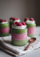 Chia pudding with raspberry and matcha in glass jars, in layers with pink on the bottom and green patterns on the top, with white Greek yogurt on the top, on a table and kitchen background, captured w