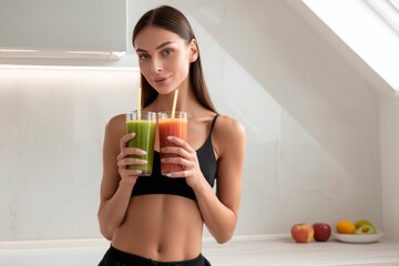 A pretty woman in sportswear stands on the kitchen counter, holding two glasses of smoothies with straws and fruit. She has long, straight hair tied back, wearing black yoga pants and a sports top. 