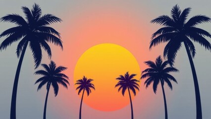 Fototapeta premium Palm trees, gradient sunset, digital overlay. Tropical summer vibe
