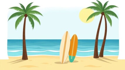 Surfboards propped on beach, palm shadows, calm ocean, sunny day