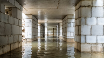 A long, narrow tunnel with water running through it