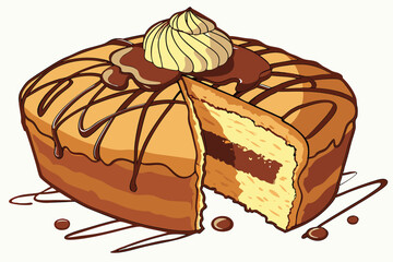 122 Highly detailed, hyper-realistic digital illustration, warm chocolate drippings, delectable cream topping, freshly baked pastry, golden caramelized exterior, luscious crumb texture, vibrant color 