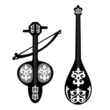 Traditional Kazakh musical instruments &ndash; dombra and kobyz &ndash; in black vector silhouette style with national ornamental patterns. 