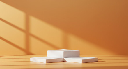 Minimalist White Product Display Platform Orange Background Sunlight Shadows