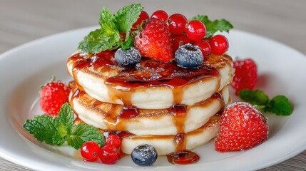 Fluffy stack of pancakes topped with fresh berries and maple syrup for a sweet breakfast delight