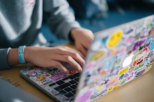 Person types on a laptop adorned with vibrant and varied stickers in a close-up view.