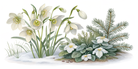 Illustration of snowdrop and hellebore flowers with snow and foliage isolated on transparent background isolated on transparent background