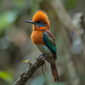 A brightly colored and fluffed up Rufous-tailed Jacamar sitting up on a small branch in scrubby woodland in eastern Tobago