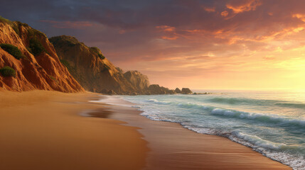 Obraz premium The sun sets over a tranquil sandy beach with ocean waves gently rolling ashore, highlighting the rugged cliffs and beautiful sky in the golden light glow.