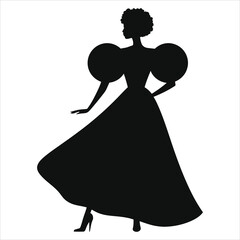 Stylish African Woman in a Retro-Inspired Gown(Puffy-sleeved dress) Vector Silhouette/A striking silhouette of an African woman in a glamorous, vintage-style gown.