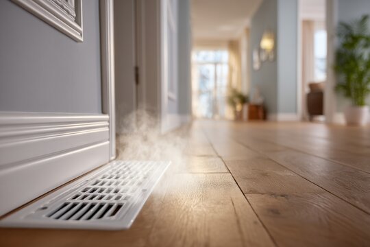 Steam rising from floor vent in home hallway showcasing indoor air quality and HVAC system maintenance