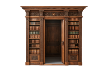 PNG Ornate wooden bookshelf with hidden doorway revealing secret passage