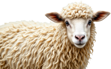 realistic sheep with fluffy wool, isolated on white background