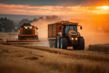 Fototapeta premium Farm machinery at work in crop field during harvest season with tractor and combine harvester under sunset sky