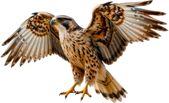 realistic falcon with wings spread, isolated on white background
