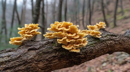 Brown and yellow shelf fungi cling to a tree trunk, adding character to the quiet forest.
