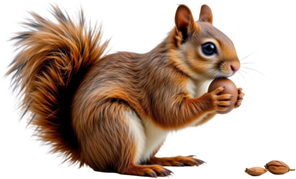 realistic squirrel with nut, isolated on white background
