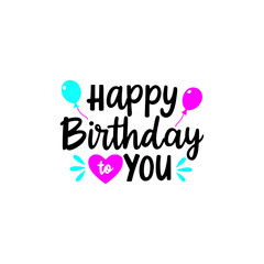 Colorful Happy Birthday Typography with Blue and Pink Balloons and Heart Icon