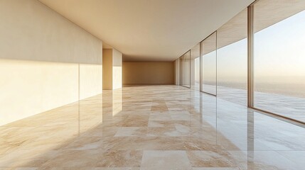 Obraz premium Minimalist apartment interior with marble floor and ocean view windows. Use as background or for showcasing a modern interior design project.