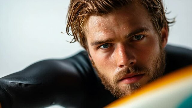 Intense Surfer Portrait:  A Close-Up of a Determined Surfer in Wetsuit