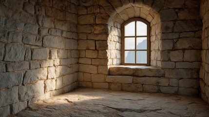 Fototapeta premium Sunlight pours through a narrow window, casting shadows across the bare stone walls of the castle room. 
