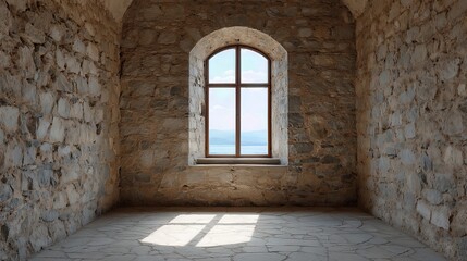 Sunlight pours through a narrow window, casting shadows across the bare stone walls of the castle room.
