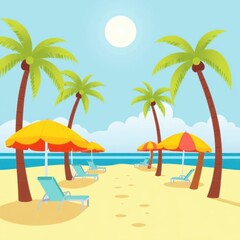 Fototapeta premium Beach umbrellas & chairs near palms, bright daylight