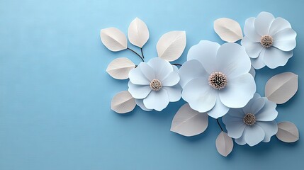 Delicate paper flowers and leaves on light blue background.