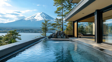 An outdoor onsen provides views of Mount Fuji and Lake Kawaguchiko for a tranquil bathing experience
