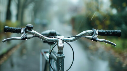 Rainy day bicycle ride close up handlebar view