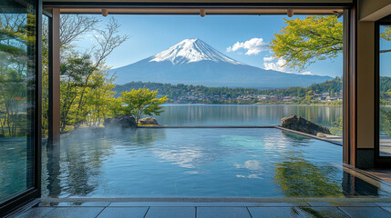 An outdoor onsen provides views of Mount Fuji and Lake Kawaguchiko for a tranquil bathing experience