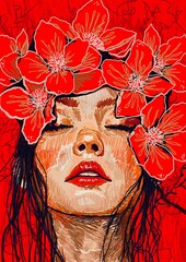 Portrait of a woman with red flowers in her hair, expressive digital art illustration. Emotional and symbolic female face with closed eyes and vibrant floral crown. Bold red tones 