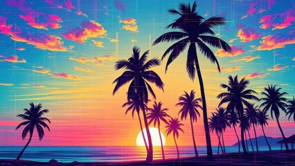 Abstract Palms Rave on Glitchy Beach at Sunset