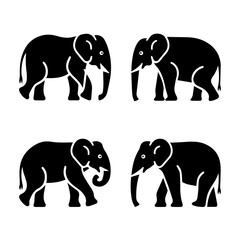 Silhouettes of four elephants in various poses, including side views and a frontal view, rendered in black on a white background, highlighting their distinct shapes and trunks.
