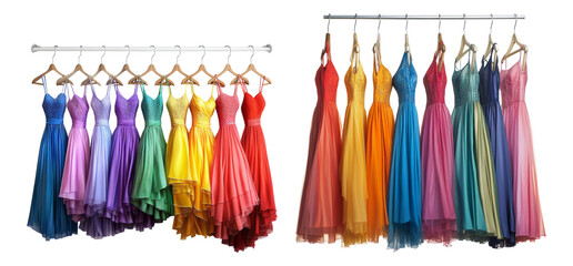 Colorful Evening Dresses on Hangers in a Fashion Display, PNG bundle collection, Isolated on Transparent Background