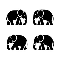 Silhouettes of four elephants in various poses, including side views and a frontal view, rendered in black on a white background, highlighting their distinct shapes and trunks.