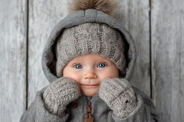 Adorable Infant with Blue Eyes, Cozy Winter Outfit, Mittens and Hat with Pom-Pom Against a Rustic Wooden Plank Backdrop