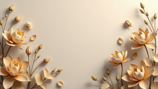 Elegant beige floral arrangement with lotus flowers, buds, and petals on a soft background, perfect for wedding invitations or cards