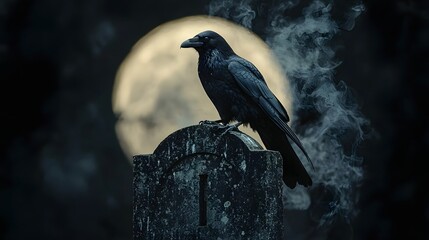 Skeletal crow perched on a gravestone under a full moon