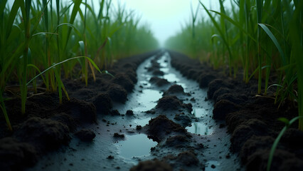 Obraz premium Dark peat path through green swamp showing reflective water pools and lush vegetation in atmospheric lighting.