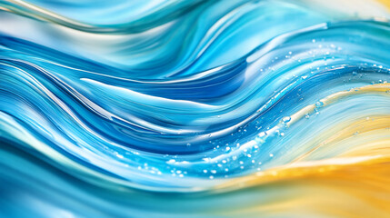 Fototapeta premium Abstract waves of blue and gold paint creating a flowing texture with small bubbles scattered around .