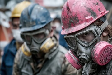 Fototapeta premium Group of Workers in Protective Gear Including Hard Hats and Gas Masks in a Post-Apocalyptic Environment