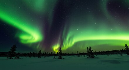 Magical Aurora Borealis Display over Snowy Landscape