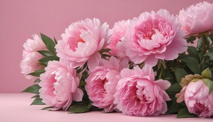Fototapeta premium Tight cluster of pink peonies, soft pink backdrop , romance, flower arrangement, elegant