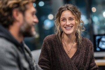 Obraz premium Smiling Woman with Curly Hair Interacts with Man in Casual Setting, Featuring Blue Backgrounds with Light Bokeh