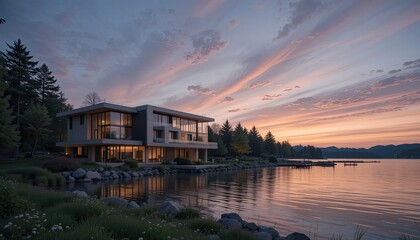 Obraz premium Modern Lake House Sunset: Serene Lakeside Residence at Dusk