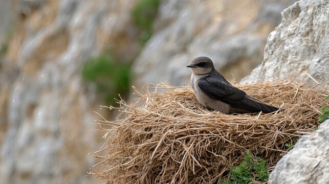 A swiftlet bird perches calmly on its straw nest, tucked safely into a rocky cliffside.
